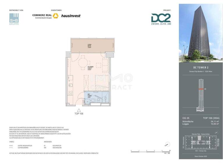 Studio zur Miete - Erstbezug 915 € 1 Zimmer 34,1 m² 35. Geschoss frei ab 01.11.2026 Wien 1220