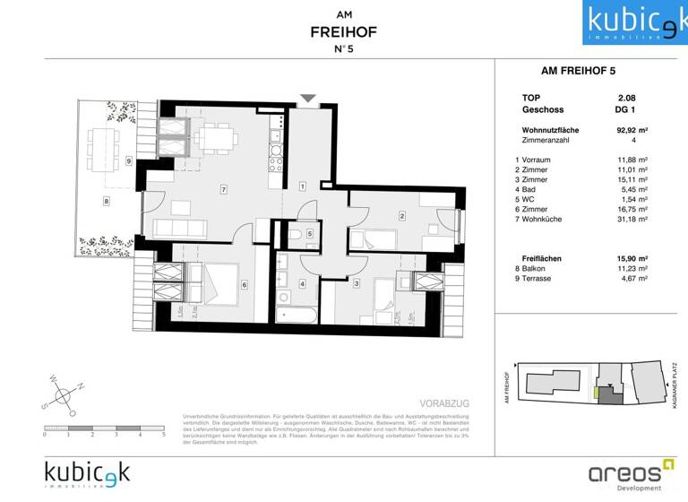 Terrassenwohnung zum Kauf - Erstbezug 625.832 € 4 Zimmer 92,9 m² 2. Geschoss Am Freihof 5 Wien 1220