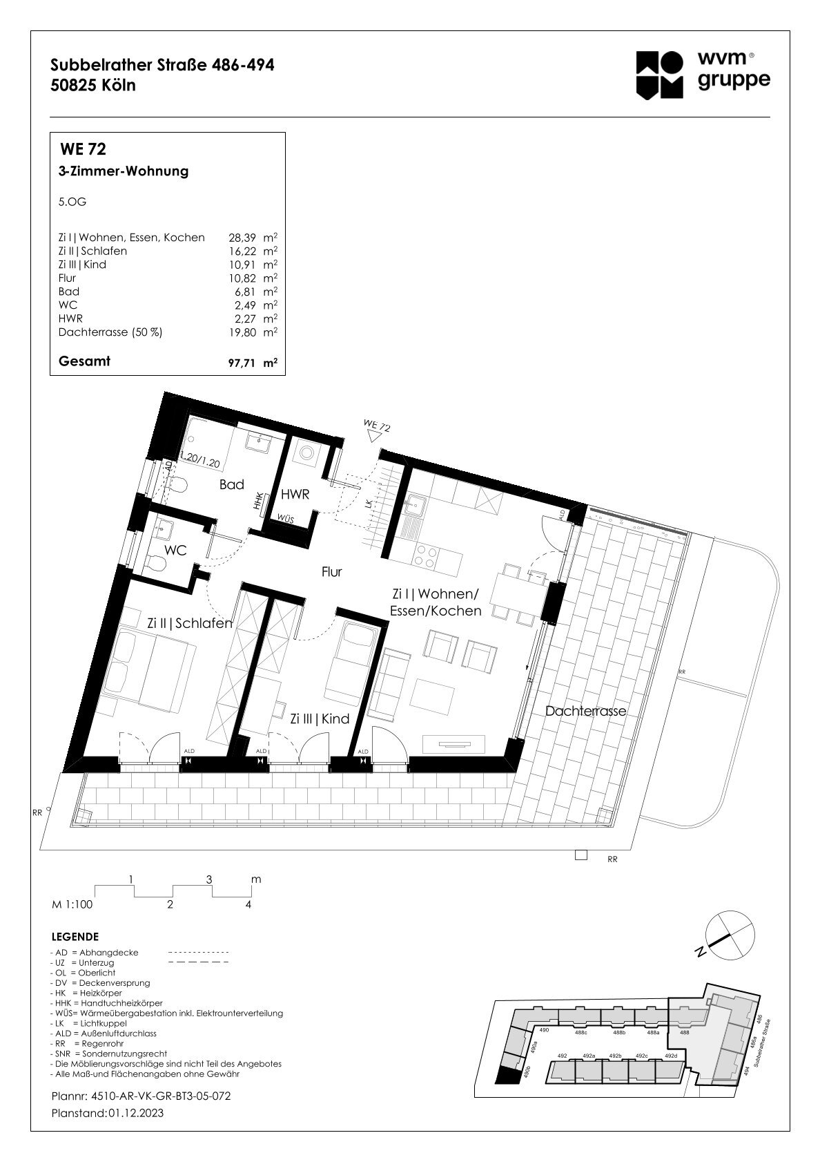 Wohnung zum Kauf provisionsfrei 759.900 € 3 Zimmer 97,7 m²<br/>Wohnfläche 5.<br/>Geschoss Subbelrather Str. 490b Ehrenfeld Köln 50825