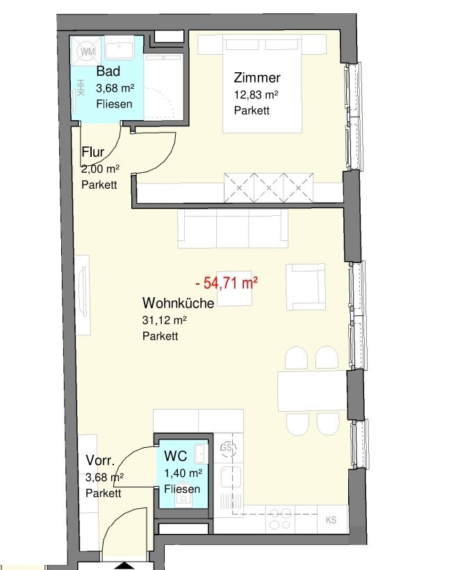 Wohnung zur Miete 650 € 2 Zimmer 54,7 m²<br/>Wohnfläche 3.<br/>Geschoss Wien 1120