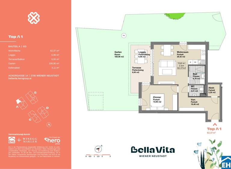 Wohnung zum Kauf - Erstbezug 334.900 € 2 Zimmer 62,4 m² EG Ackergasse Wiener Neustadt 2700