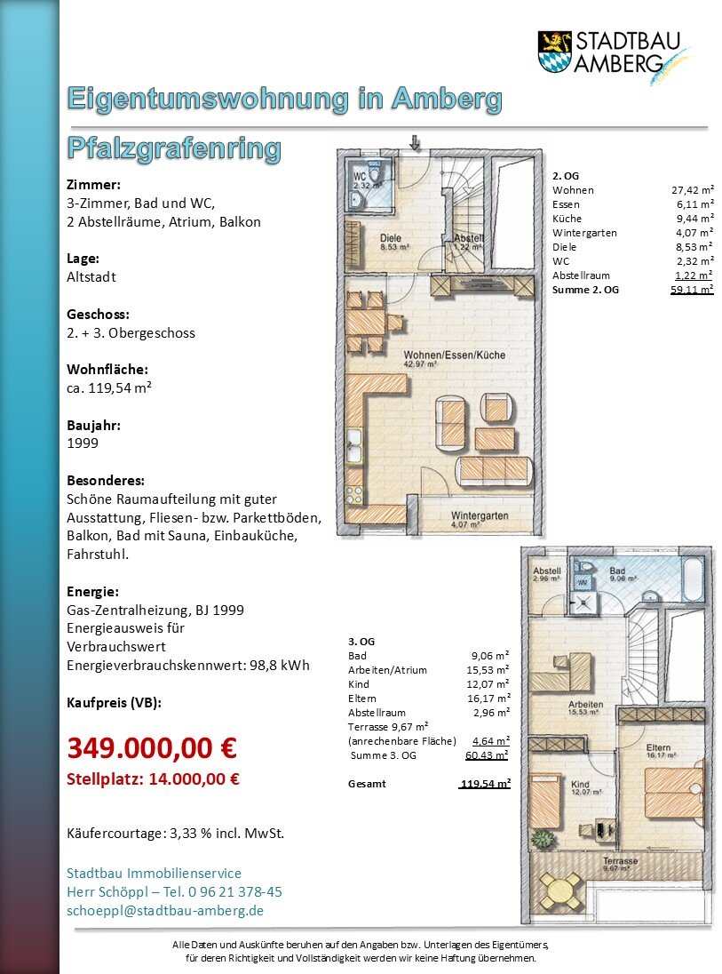 Maisonette zum Kauf 349.000 € 3 Zimmer 119,5 m²<br/>Wohnfläche 2.<br/>Geschoss ab sofort<br/>Verfügbarkeit Pfalzgrafenring Altstadt Amberg 92224