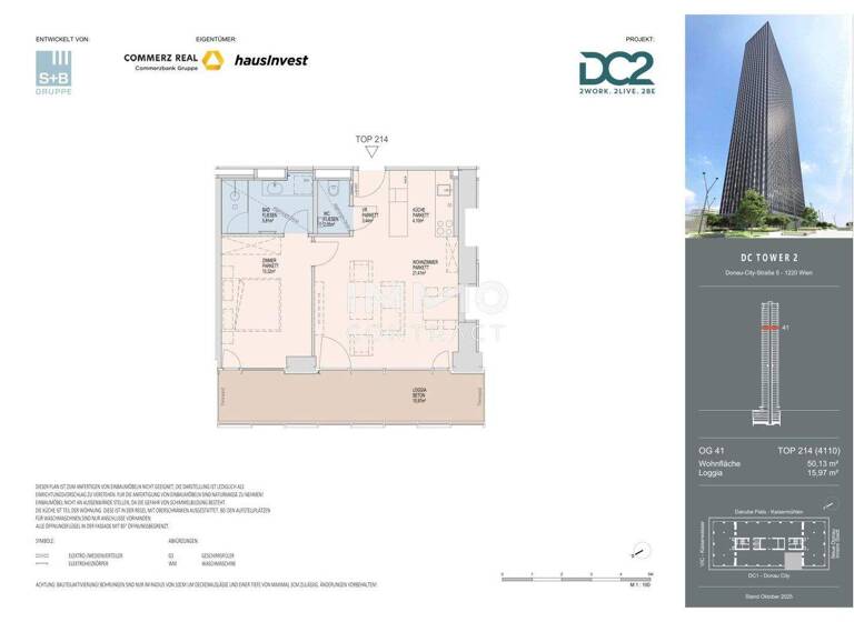 Wohnung zur Miete - Erstbezug 1.503 € 2 Zimmer 50,1 m² 41. Geschoss frei ab 01.11.2026 Wien 1220