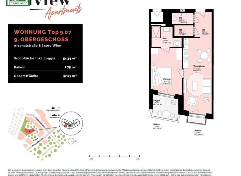 Wohnung zur Miete 907 € 2 Zimmer 50,4 m² 9. Geschoss frei ab 01.05.2026 Arsenalstraße 8 Wien 1100