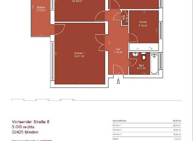 Wohnung zur Miete 649 € 3 Zimmer 66 m² frei ab sofort Vorlaenderstr. 8 Innenstadt Minden 32425