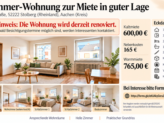 Wohnung zur Miete 600 € 3 Zimmer 79 m² Geschoss -1/4 frei ab sofort Stolberg Stolberg 52222