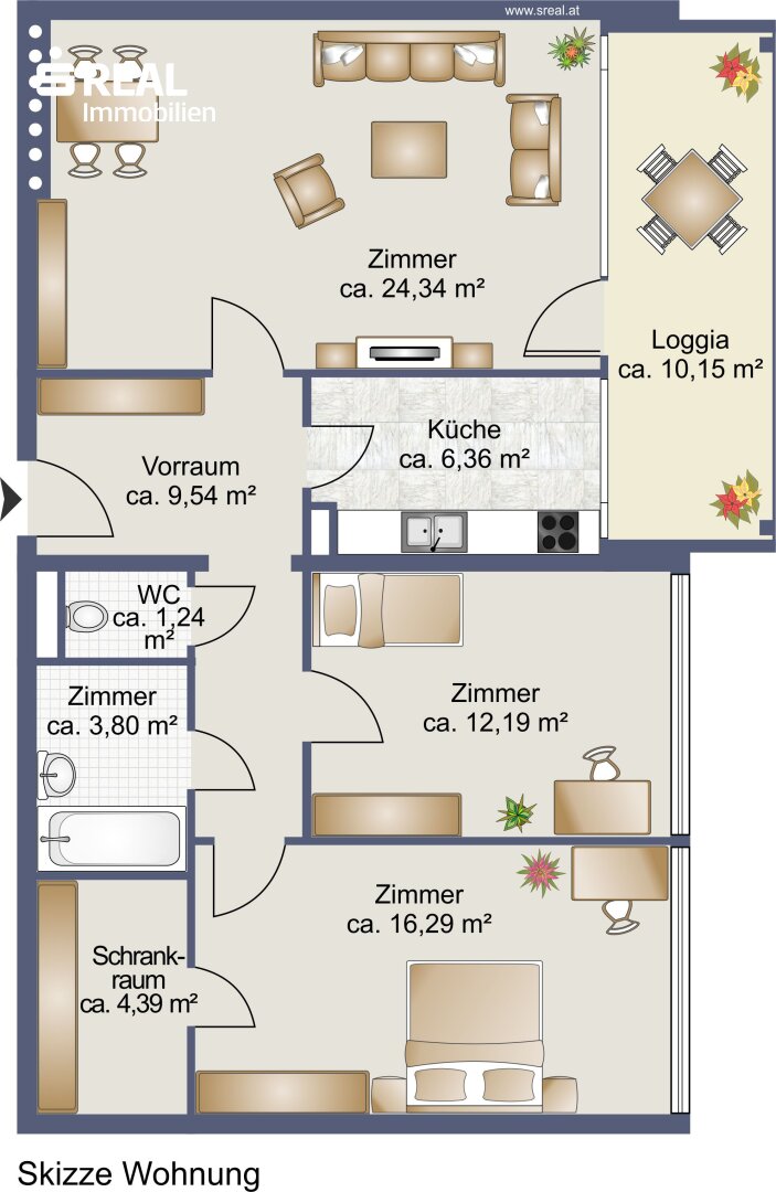 Wohnung zum Kauf 255.000 € 3 Zimmer 78,2 m²<br/>Wohnfläche 6.<br/>Geschoss Baden 2500