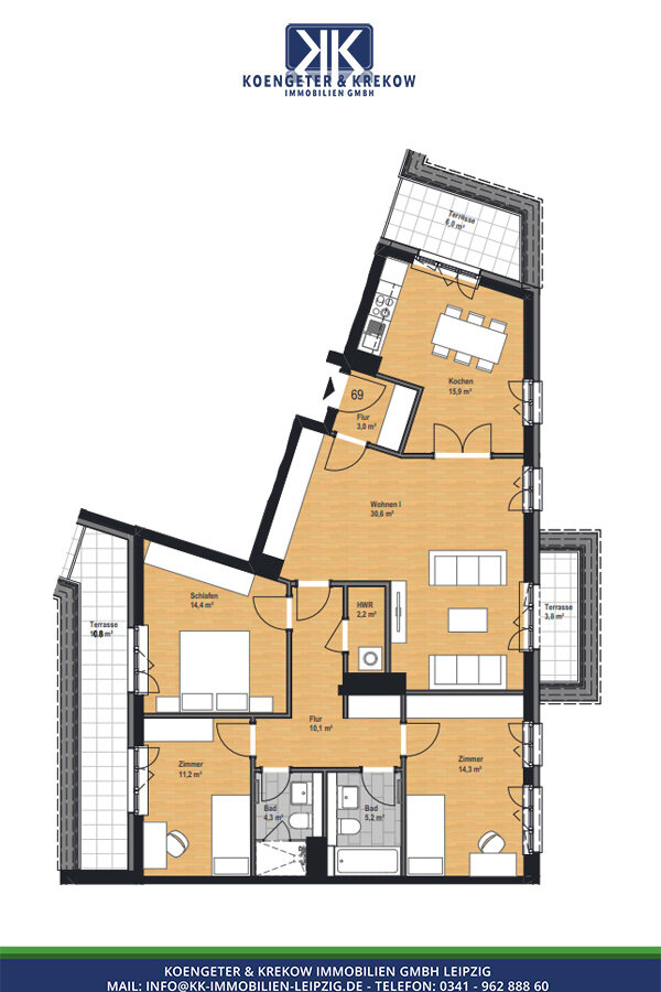 Wohnung zur Miete 1.846 € 4 Zimmer 131,8 m²<br/>Wohnfläche 4.<br/>Geschoss Judith-Auer-Straße 22 Reudnitz-Thonberg Leipzig 04317