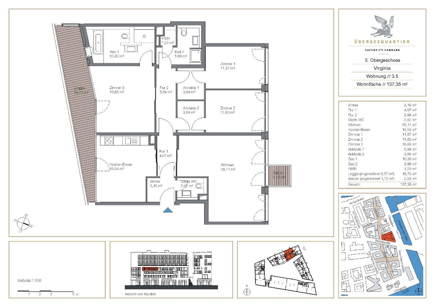 Wohnung zur Miete 2.622 € 4 Zimmer 137,4 m²<br/>Wohnfläche 3.<br/>Geschoss HafenCity Hamburg, HafenCity 20457