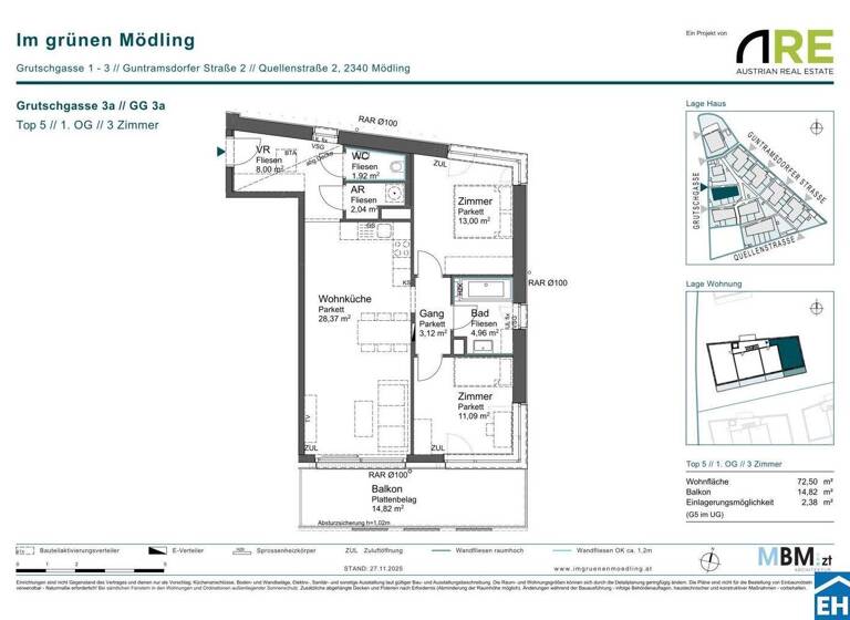 Wohnung zum Kauf - Erstbezug provisionsfrei 425.420 € 3 Zimmer 72,5 m² 1. Geschoss Grutschgasse 3a Mödling 2340