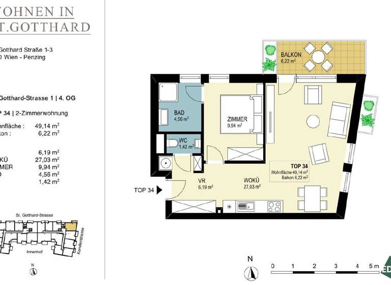 Wohnung zur Miete 979 € 2 Zimmer 49,1 m² 4. Geschoss Wien 1140