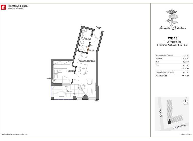 Wohnung zum Kauf - Erstbezug provisionsfrei als Kapitalanlage geeignet 445.000 € 2 Zimmer 44 m² Jägerstraße 29-31 Karlsfeld 85757