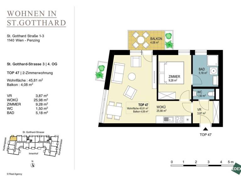 Wohnung zur Miete 941 € 2 Zimmer 45,8 m² 4. Geschoss Wien 1140