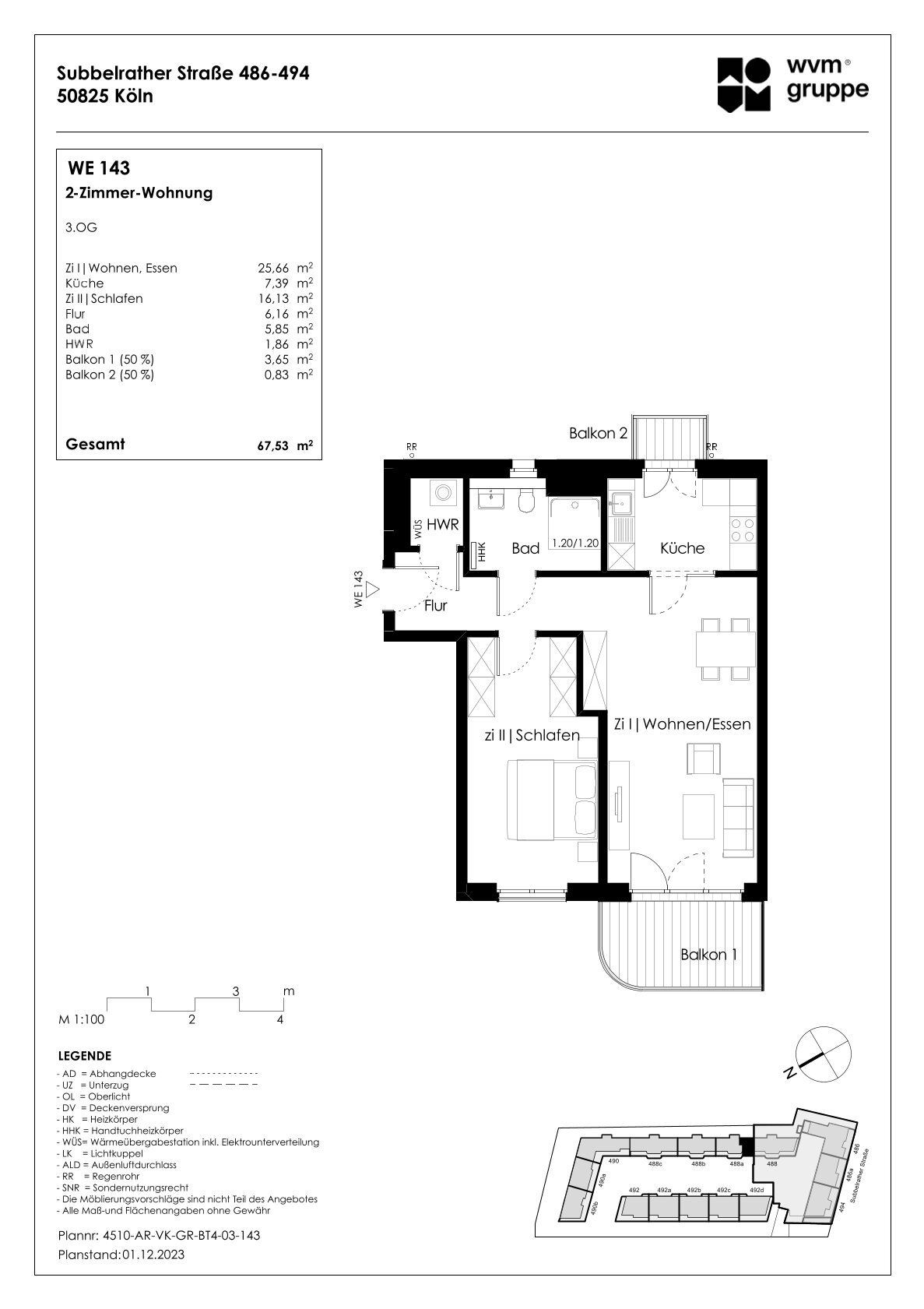 Wohnung zum Kauf provisionsfrei 442.900 € 2 Zimmer 67,5 m²<br/>Wohnfläche 3.<br/>Geschoss Subbelrather Str. 488a Ehrenfeld Köln 50825