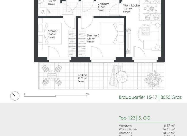 Wohnung zur Miete 619 € 3 Zimmer 52,6 m² 5. Geschoss frei ab 01.04.2026 Brauquartier 15-17 Puntigam Graz 8055