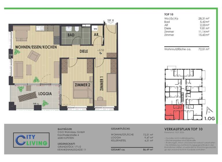 Wohnung zum Kauf - Erstbezug provisionsfrei 3 Zimmer 72,5 m² 1. Geschoss Krankenhausgasse 11 Kufstein 6330