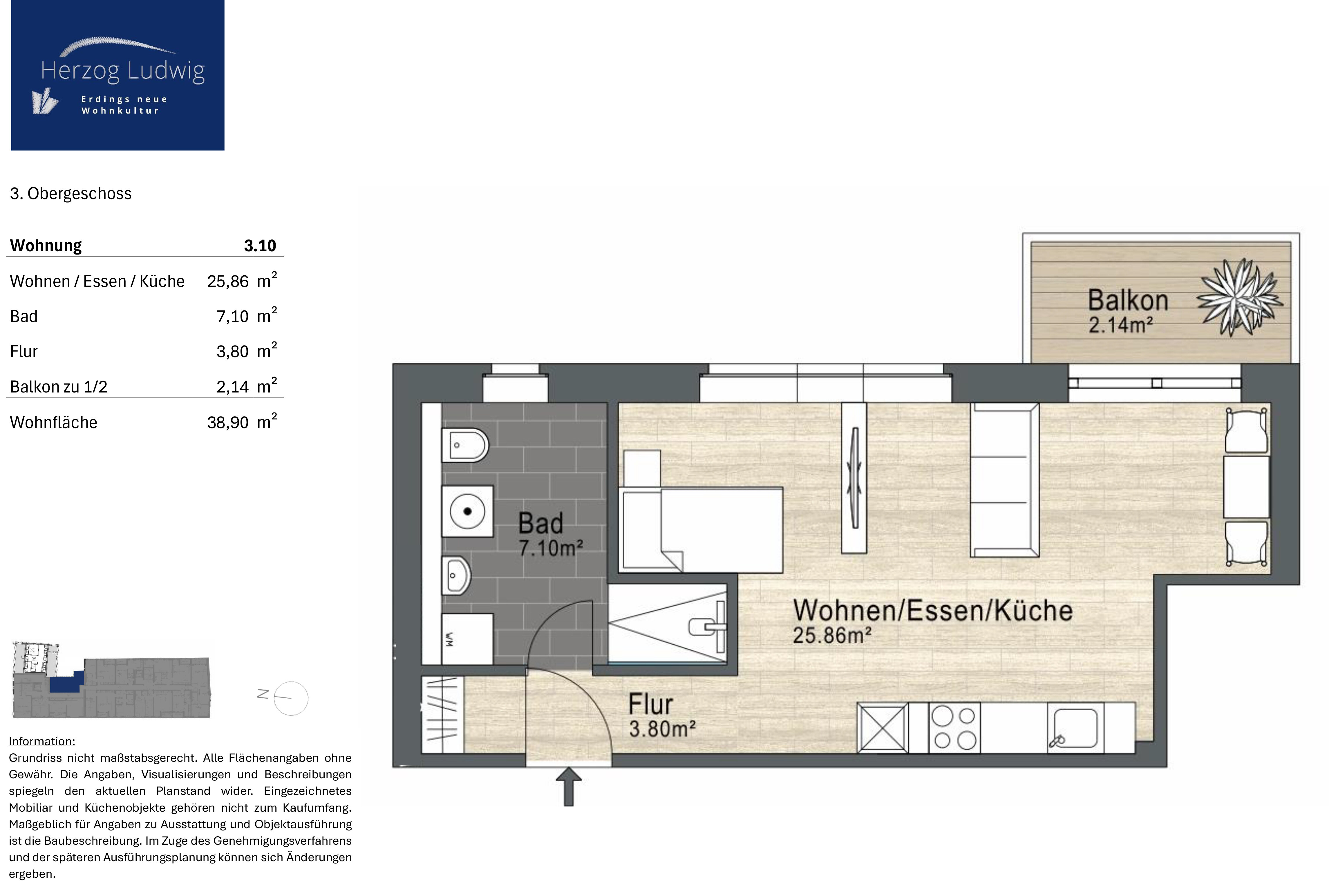 Wohnung zum Kauf provisionsfrei 299.900 € 1 Zimmer 38,9 m²<br/>Wohnfläche 3.<br/>Geschoss Altenerding Erding 85435