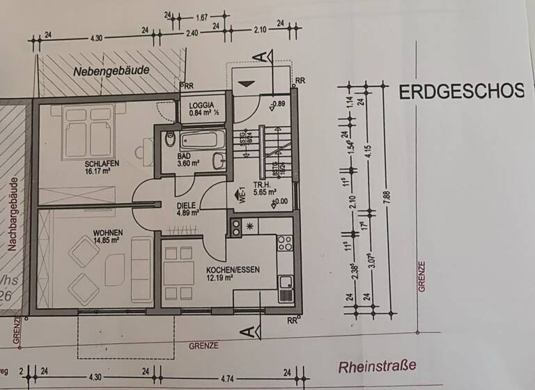 Wohnung zur Miete 980 € 2 Zimmer 53 m² Geschoss EG/2 frei ab sofort Rheinstraße 24 Hausen an der Möhlin Bad Krozingen 79189