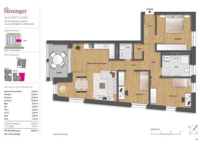 Wohnung zur Miete - Erstbezug 1.615 € 4 Zimmer 86,8 m² 2. Geschoss frei ab 01.06.2026 Frauenstr. 124 Mitte Ulm 89073