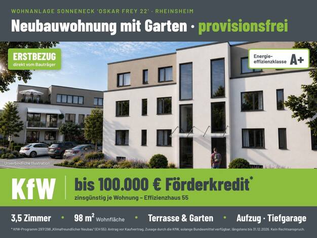 Wohnung zum Kauf - Erstbezug provisionsfrei 428.000 € 3,5 Zimmer 98,3 m² 2. Geschoss Rheinsheim Philippsburg 76661