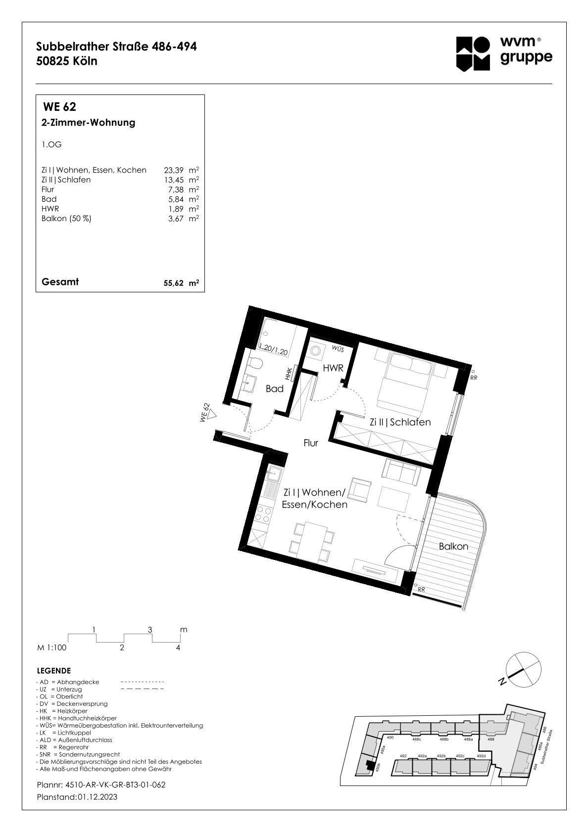 Wohnung zum Kauf provisionsfrei 389.405 € 2 Zimmer 55,6 m²<br/>Wohnfläche 1.<br/>Geschoss Subbelrather Str. 490b Ehrenfeld Köln 50825