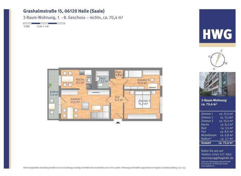 Wohnung zur Miete 402 € 3 Zimmer 70,4 m² 4. Geschoss Grashalmstraße 15 Heide Nord Halle 06120