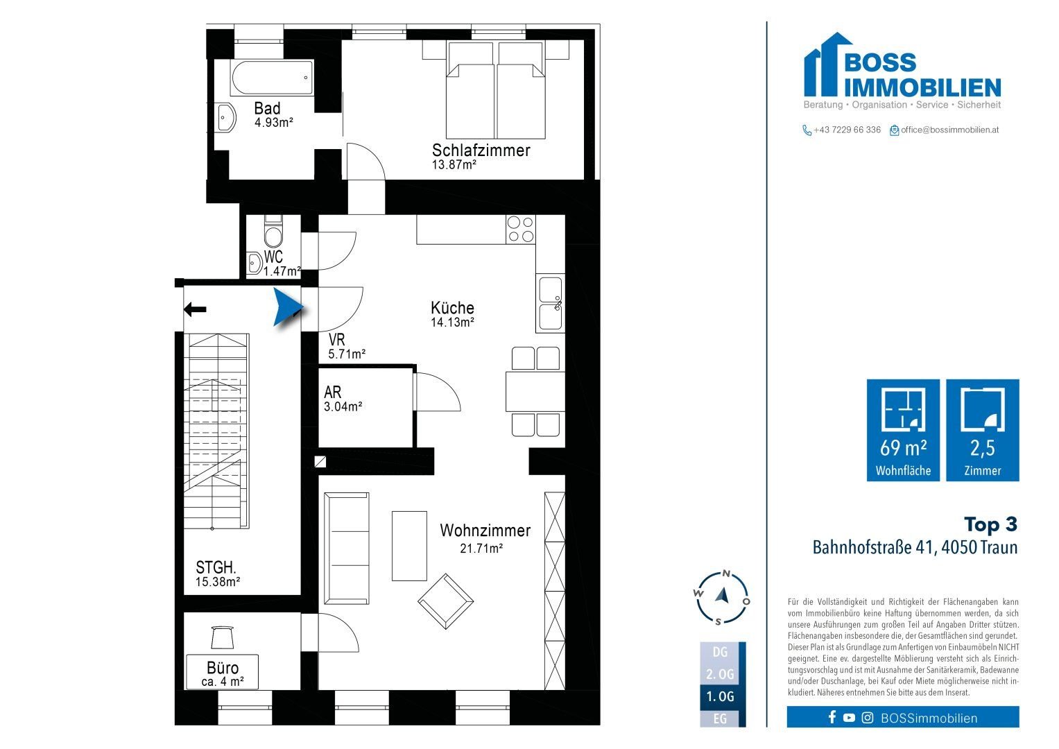 Wohnung zum Kauf 159.000 € 2,5 Zimmer 68,9 m²<br/>Wohnfläche 1.<br/>Geschoss Bahnhofstraße 41 Traun 4050