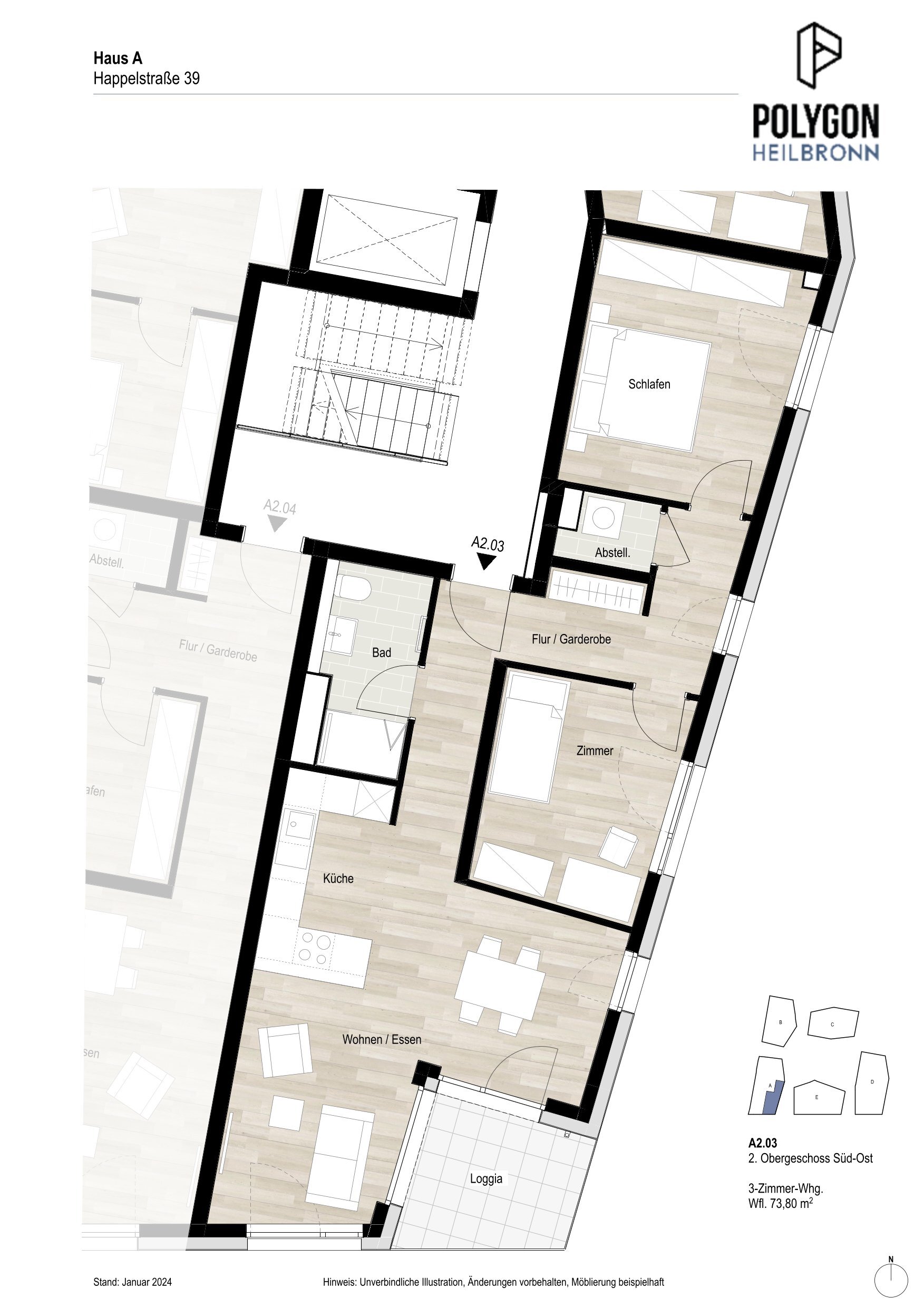 Wohnung zur Miete 1.235 € 3 Zimmer 73,8 m²<br/>Wohnfläche 2.<br/>Geschoss 01.06.2025<br/>Verfügbarkeit Happelstraße 39 Südoststadt Heilbronn 74074