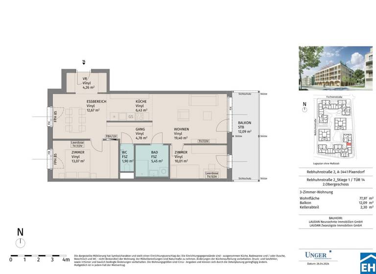 Wohnung zur Miete - Erstbezug 833 € 3 Zimmer 78 m² 2. Geschoss Rebhuhnstraße Pixendorf 3451