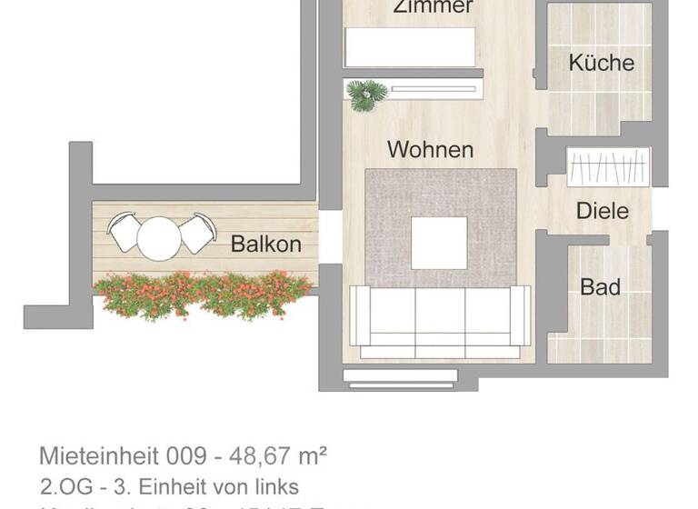 Wohnung zur Miete 600 € 2 Zimmer 48,7 m² 2. Geschoss Kaulbachstr. 33 Holsterhausen Essen 45147