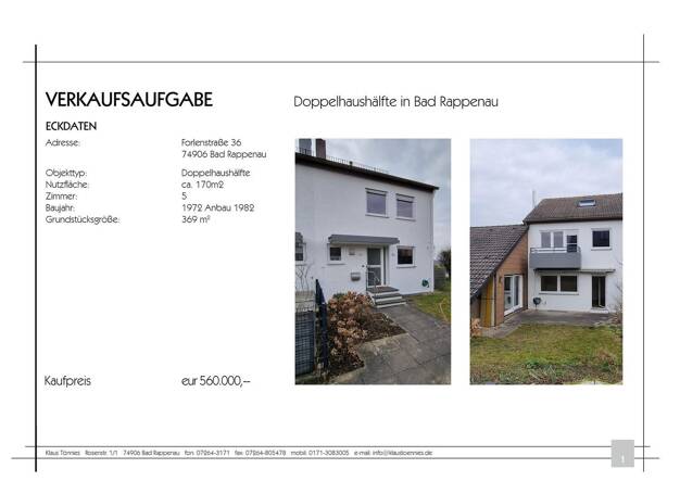 Doppelhaushälfte zum Kauf provisionsfrei 560.000 € 5 Zimmer 155 m² 369 m² Grundstück Forlenstr. 36 Bad Rappenau Bad Rappenau 74906