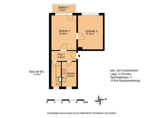 Wohnung zur Miete 339 € 2 Zimmer 48,4 m² 3. Geschoss frei ab 31.08.2026 Sperlingstraße 11 Vogelviertel Neubrandenburg 17034