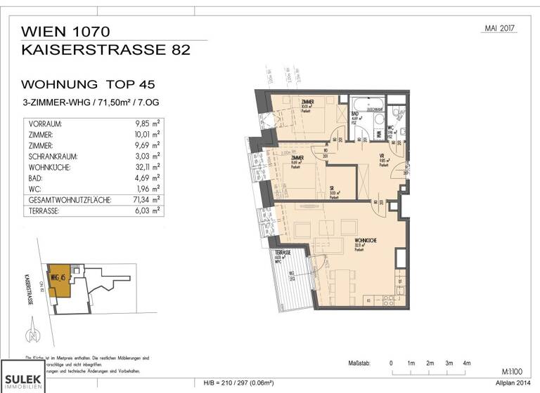 Wohnung zur Miete 1.371 € 3 Zimmer 71,3 m² frei ab 01.07.2026 Kaiserstraße Wien 1070