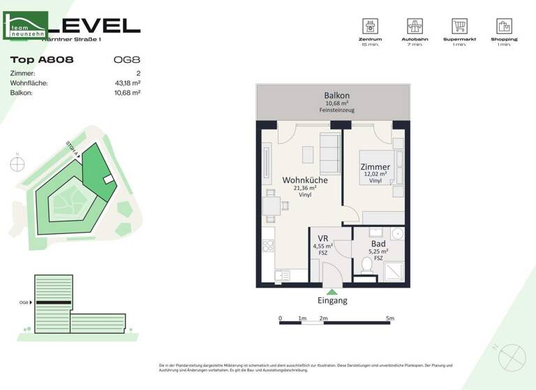 Wohnung zur Miete - Erstbezug 606 € 2 Zimmer 43,2 m² 8. Geschoss frei ab 01.05.2026 Kärntner Straße 1 Gries Graz 8020