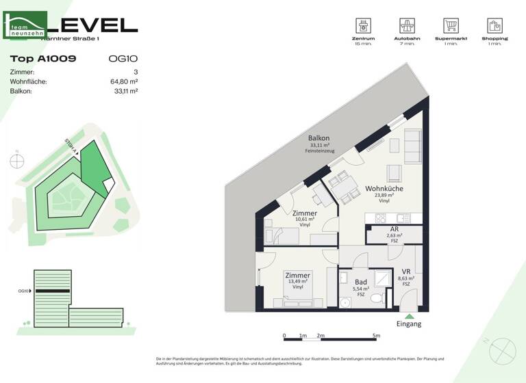 Wohnung zur Miete - Erstbezug 861 € 3 Zimmer 64,8 m² 10. Geschoss frei ab 01.05.2026 Kärntner Straße 1 Gries Graz 8020