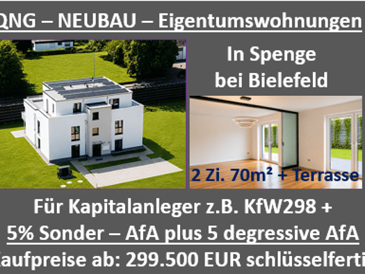 Terrassenwohnung zum Kauf - Erstbezug provisionsfrei als Kapitalanlage geeignet 295.500 € 2 Zimmer 70 m² Innenstadt Bielefeld 33602