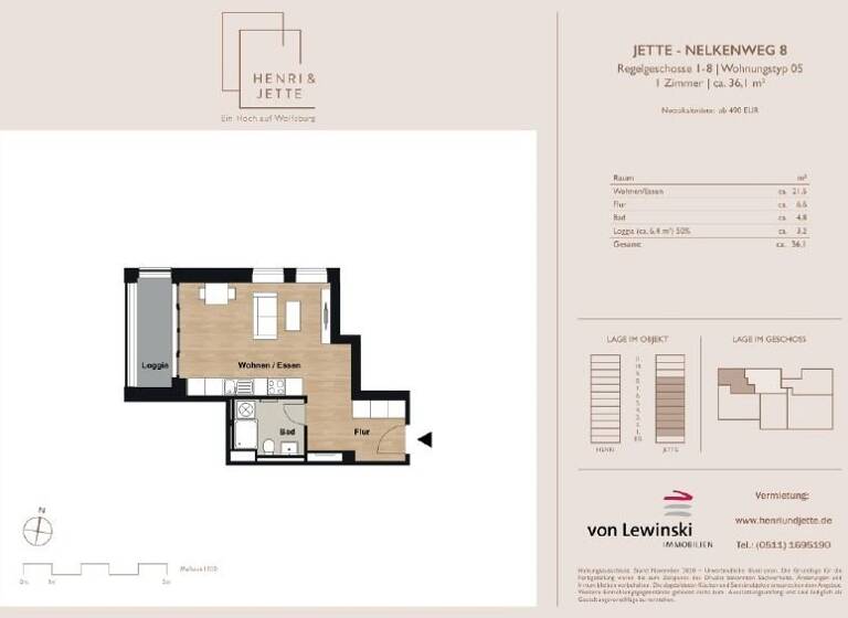 Wohnung zur Miete 531 € 1 Zimmer 36,1 m²<br/>Wohnfläche 3.<br/>Geschoss Nelkenweg 8 Hellwinkel Wolfsburg 38446