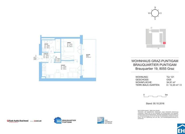 Wohnung zur Miete 463 € 2 Zimmer 34,9 m² 5. Geschoss frei ab sofort Brauquartier Puntigam Graz 8055