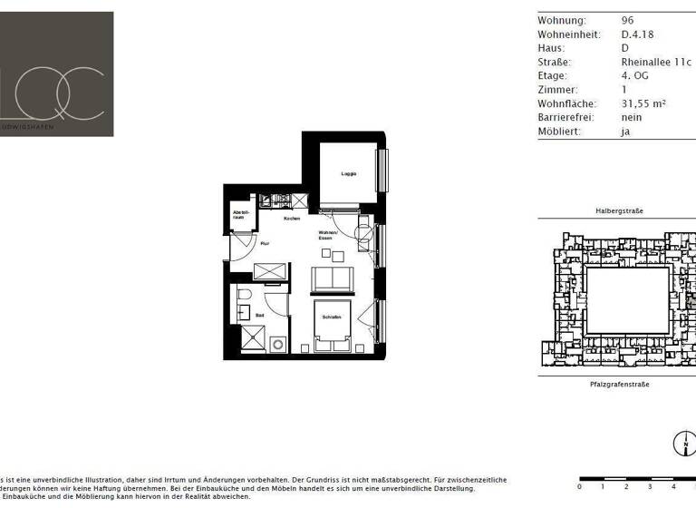 Studio zur Miete 680 € 1 Zimmer 31,6 m² 4. Geschoss frei ab 01.04.2026 Rheinallee 11c Süd Ludwigshafen am Rhein 67061