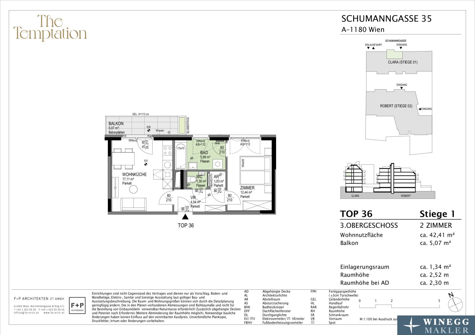 Wohnung zum Kauf 371.300 € 2 Zimmer 42,4 m²<br/>Wohnfläche 3.<br/>Geschoss Schumanngasse 35 Wien 1180