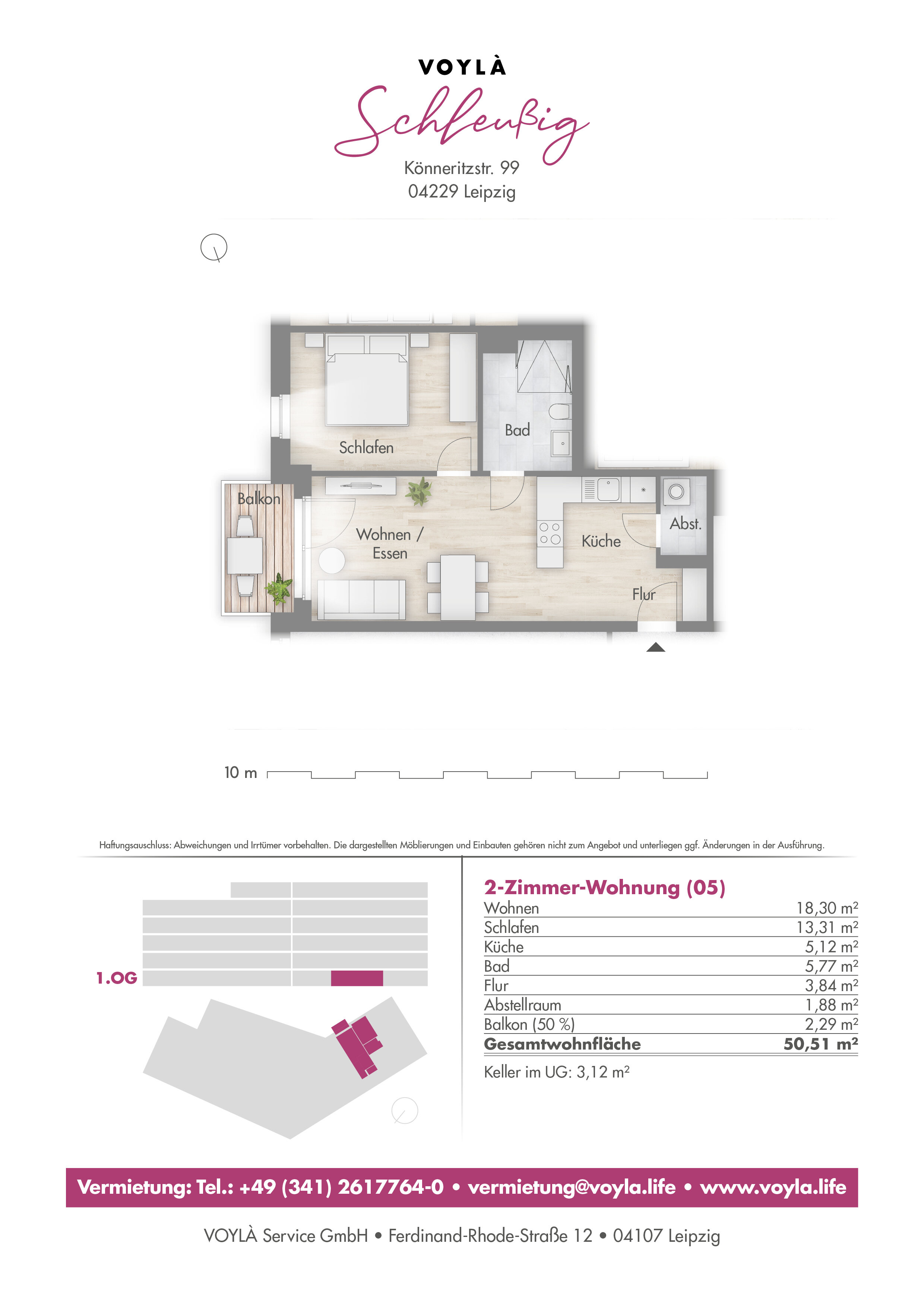 Wohnung zur Miete 1.086 € 2 Zimmer 50,5 m²<br/>Wohnfläche 1.<br/>Geschoss Schleußig Leipzig 04229