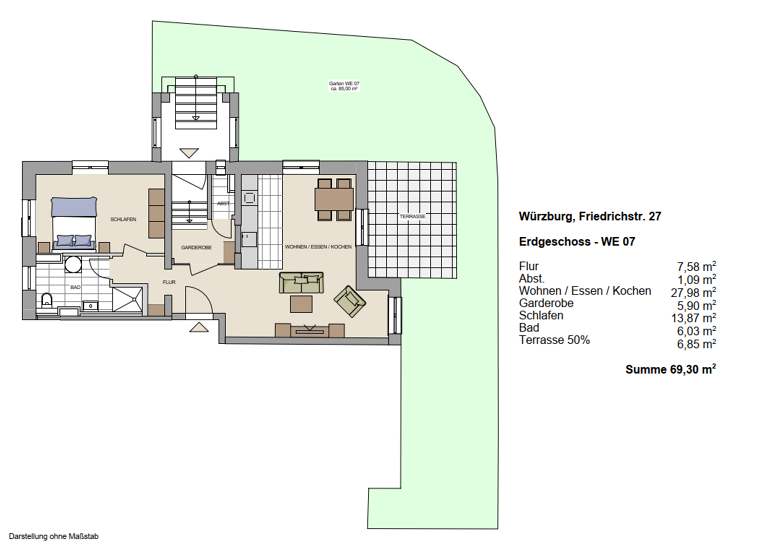 Wohnung zur Miete 1.000 € 2 Zimmer 69,3 m² frei ab 01.05.2026 Friedrichstraße 27 Zellerau Würzburg 97082