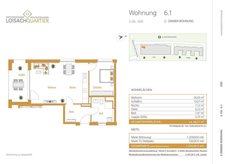 Wohnung zur Miete 1.259 € 2 Zimmer 66,5 m² frei ab 01.06.2026 Wolfratshausen 82515