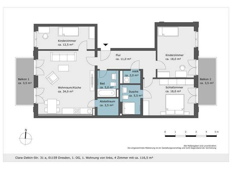 Wohnung zur Miete 1.557 € 4 Zimmer 116,3 m² 1. Geschoss Clara-Zetkin-Str. 31a Löbtau-Süd Dresden 01159