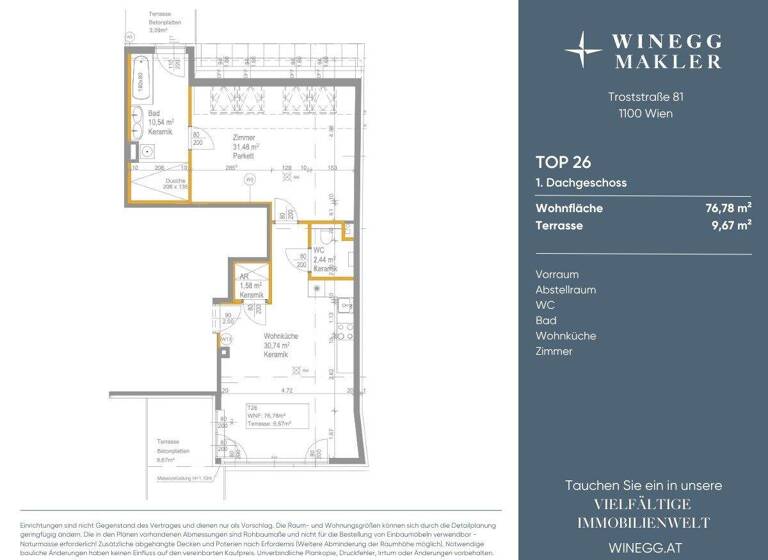 Wohnung zur Miete - Erstbezug 1.536 € 2 Zimmer 76,8 m² 7. Geschoss Troststraße 81 Wien 1100