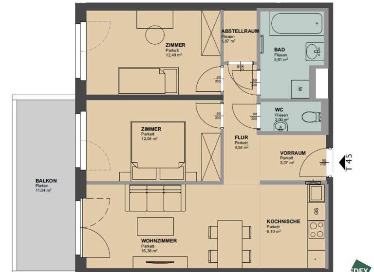 Wohnung zur Miete 1.081 € 3 Zimmer 64,4 m² 2. Geschoss Wien 1200