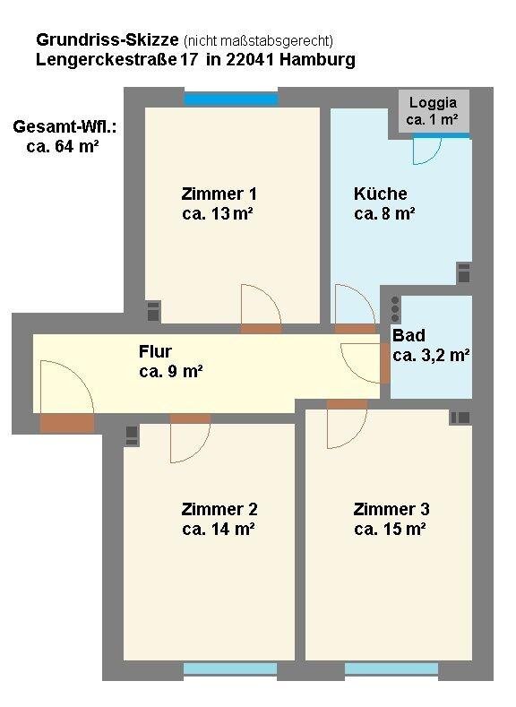 Wohnung zum Kauf 229.000 € 3 Zimmer 64,1 m²<br/>Wohnfläche Lengerckestraße 17 Wandsbek Hamburg 22041