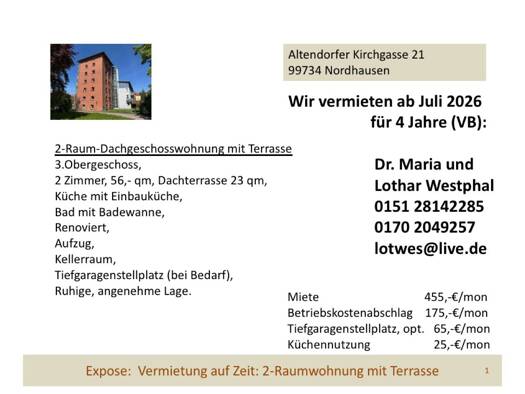 Wohnung zur Miete 455 € 2 Zimmer 56 m² Geschoss 3/4 frei ab sofort Nordhausen Nordhausen 99734