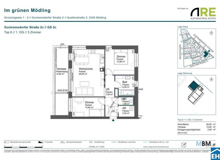 Wohnung zum Kauf - Erstbezug provisionsfrei 467.500 € 3 Zimmer 68,6 m² 1. Geschoss Guntramsdorfer Straße 2c Mödling 2340