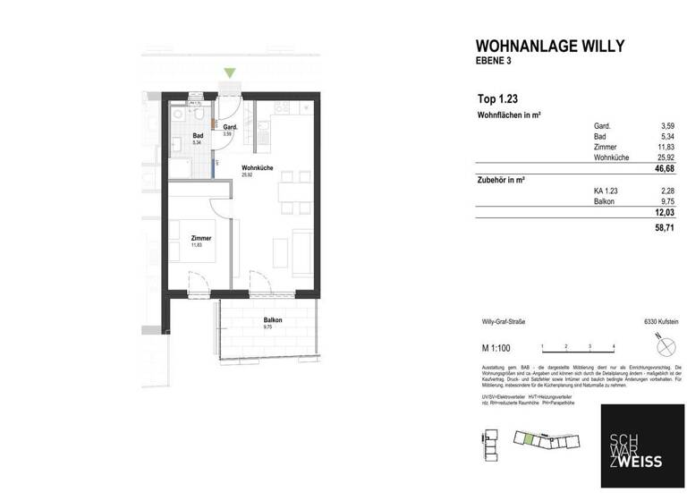Wohnung zum Kauf - Erstbezug 349.000 € 2 Zimmer 46,7 m² 3. Geschoss Kufstein 6330